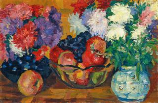 Still life with Asters, Apples and Grapes