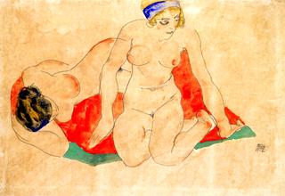 Reclining and Seated Female Nudes on a Red and Green Cloth