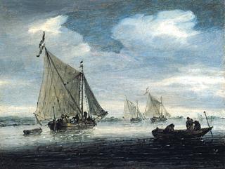 An estuary scene with a kaag close-hauled in a light breeze