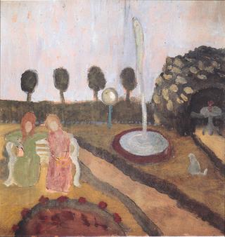 Two women in the garden with a fountain