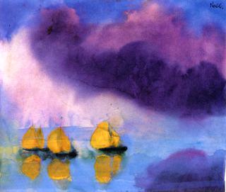 Sea with Violet Clouds and Three Yellow Sailboats