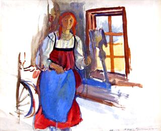 Peasant woman at spinning-wheel