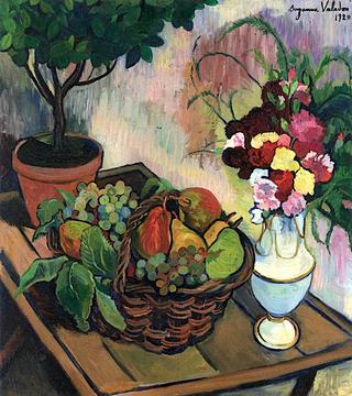 Still Life with Bouquet of Flowers and Basket of Fruit
