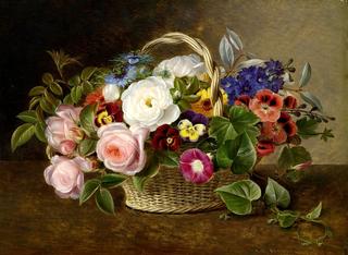 Flower Still-life with Roses, Winds and Pansies in a Basket