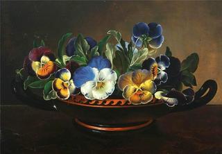 Pansies in a Greek bowl on a stone frame