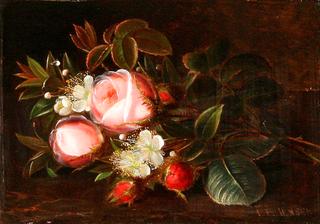 A bouquet of pink roses and hawthorn on a table