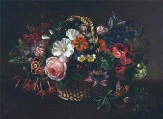 Still life with flowers in a basket