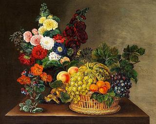 Still life with flowers in a vase and fruit in a basket on a table