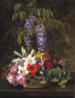 Wisteria with roses, lilies and summer flowers in a basket
