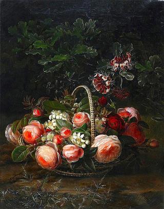 Still life with roses, honeysuckle and jasmine in a basket
