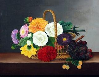 Flower still life with dahlias, asters and hollyhocks in a basket on a table