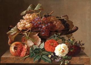 Still life with a tazza of grapes, pomegranate, pansies, chrysanthemums, forget-me-nots
