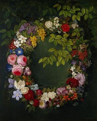 A garland of roses, honeysuckle, morning glory, narcissus and other flowers
