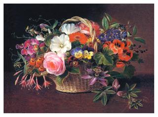 Pansies, fuchsias, convolvulus, a rose and other flowers in a wicker basket