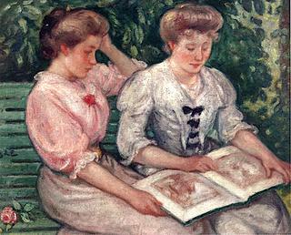 Two Girls Reading on a Bench