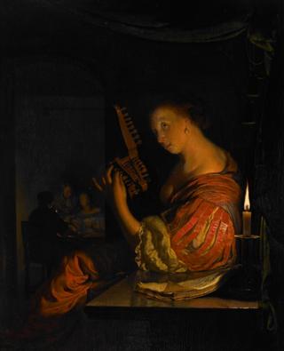 Woman tuning a lute