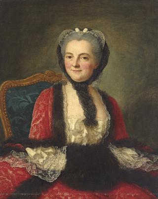 Portrait of a woman in a red dress with a black muff