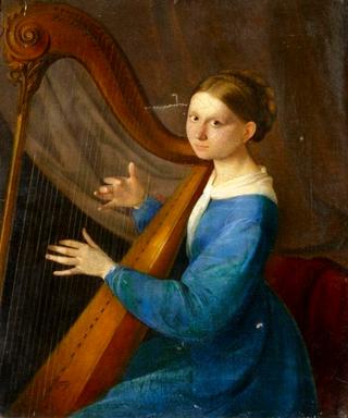 Portrait of a young woman with harp