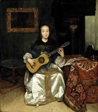 An Elegant Woman playing the Guitar by a Draped Table, in an Interior