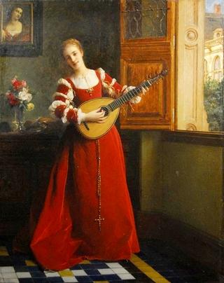 Woman by a window with mandolin