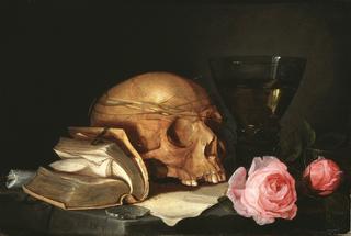 有头骨、书和玫瑰的瓦尼塔斯静物画