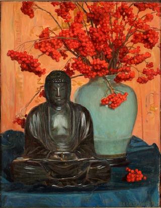 Still Life with Buddha Statue and Rowan Twigs in a Vase.