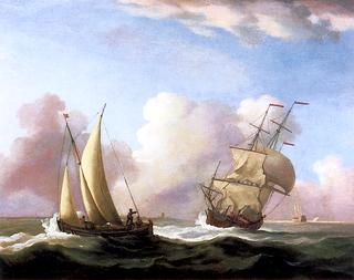 A Small Sailing Boat and a Merchantman at Sea in a Rising Wind