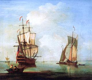 A Calm Scene, with Two Small Ships Drying Sails