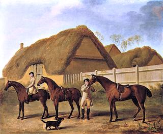 Three Hunters and Two Grooms Waiting in a Stable Yard