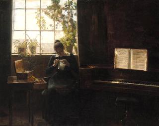 A Young Lady Sewing Beside a Piano
