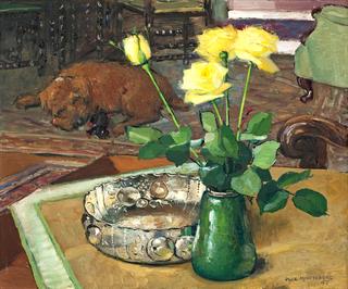 Interior with Yellow Roses and Sleeping Dog