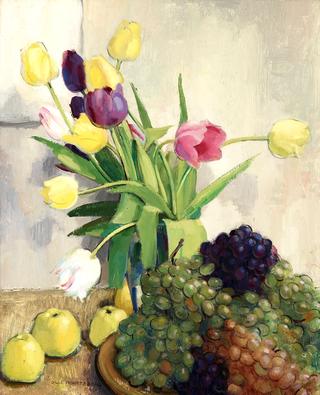 Still life with tulips, apples and grapes