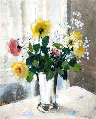Still-life with Roses and Meadow Flowers in Silver Beaker