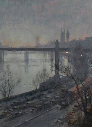 The embankment with Cleopatra's Needle, painted from the Savoy Hotel
