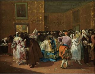 Venice, the Ridotto at Palazzo Dandolo, with masked figures dancing and conversing