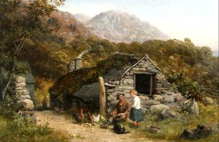 Figures and chickens before a stone cottage