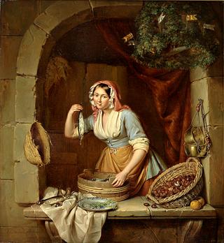 Young woman selling herring and chestnuts