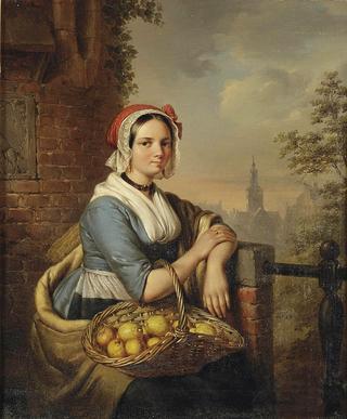 A woman carrying a basket of fruit