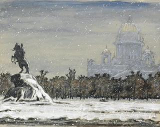 Winter view of The Bronze Horseman with St Isaac's Cathedral beyond