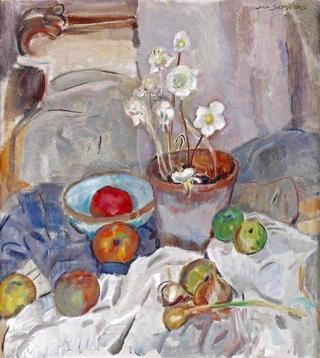 A still life with anemones, apples and onions