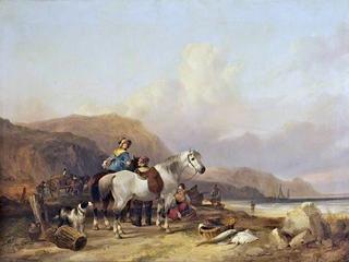 Fisherfolk with a White Horse on the Shore