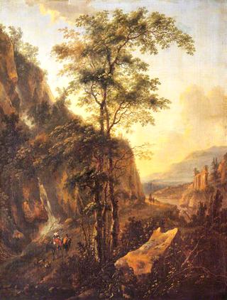 A Mountainous Italian Landscape with Travellers on a Road