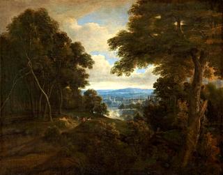 An Extensive Wooded Landscape with Travellers on a Path