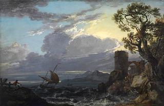 Stormy Sea with Castle Ruin and Figures