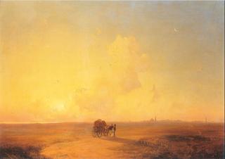 日落时分的海岸风景中的骆驼车