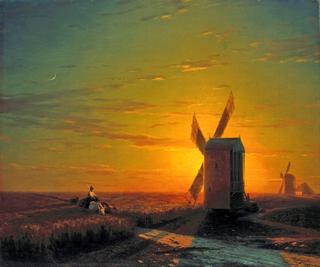 Windmills in the Ukrainian Steppe at Sunset