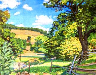 Summer Trees with Rolling Hills and Rail Fence