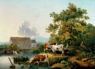 磨坊溪流中的牛群饮水景观
