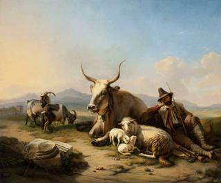 Southern landscape with resting shepherd, bull, sheep and bucks