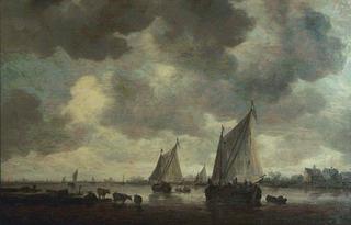 Two Large Sailing Boats on a River and Cattle Nearby